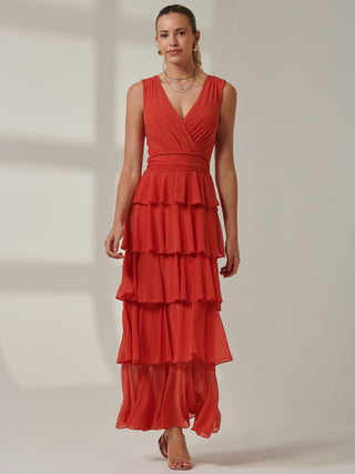 Plain Tiered Mesh Maxi Dress, Dark Orange