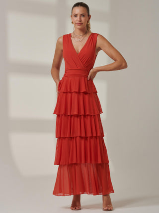 Plain Tiered Mesh Maxi Dress, Dark Orange