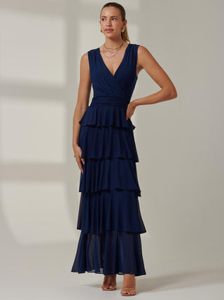 Plain Tiered Mesh Maxi Dress, Navy