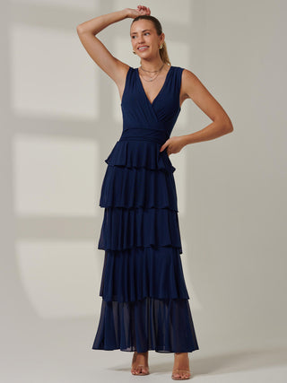 Plain Tiered Mesh Maxi Dress, Navy