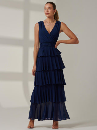 Plain Tiered Mesh Maxi Dress, Navy