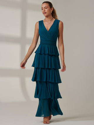 Plain Tiered Mesh Maxi Dress, Petrol Blue