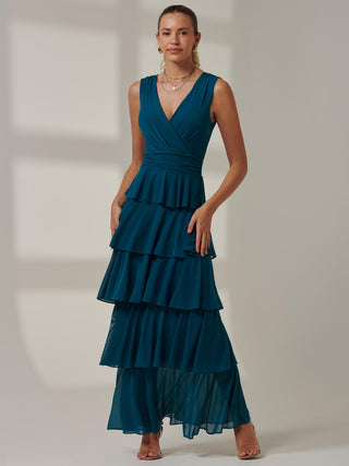 Plain Tiered Mesh Maxi Dress, Petrol Blue