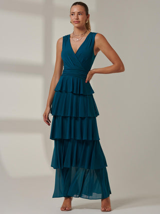 Plain Tiered Mesh Maxi Dress, Petrol Blue