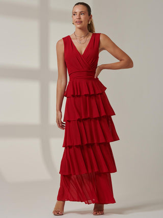 Plain Tiered Mesh Maxi Dress, Red