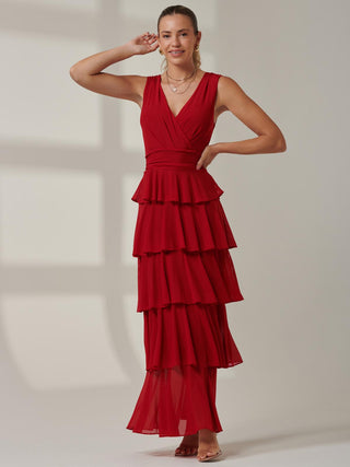 Plain Tiered Mesh Maxi Dress, Red