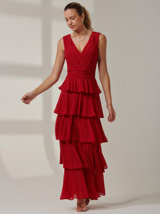 Plain Tiered Mesh Maxi Dress, Red