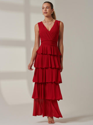 Plain Tiered Mesh Maxi Dress, Red