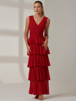 Plain Tiered Mesh Maxi Dress, Red