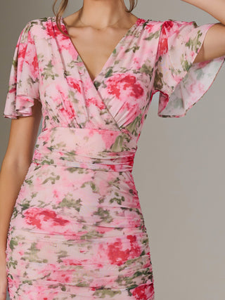 Wrap Front Mesh Bodycon Dress, Coral Multi