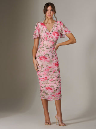 Wrap Front Mesh Bodycon Dress, Coral Multi