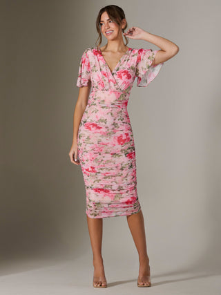 Wrap Front Mesh Bodycon Dress, Coral Multi