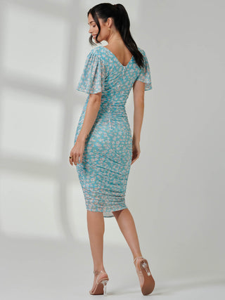Angel Sleeved Floral Mesh Bodycon Dress, Green Floral