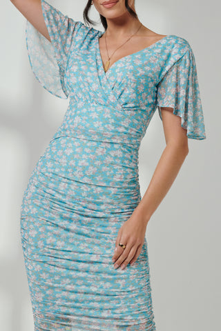 Wrap Front Mesh Bodycon Dress, Green Floral