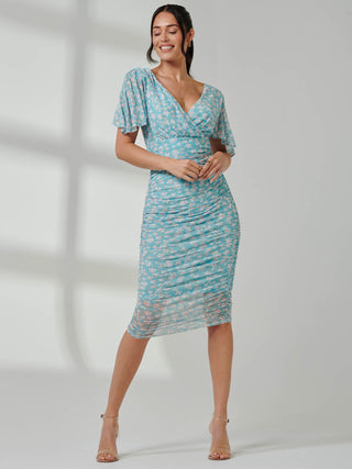 Angel Sleeved Floral Mesh Bodycon Dress, Green Floral