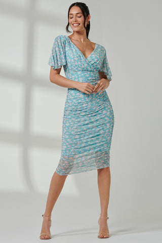 Wrap Front Mesh Bodycon Dress, Green Floral