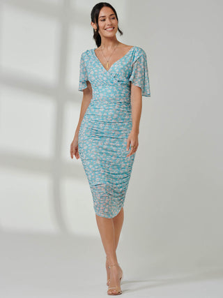 Angel Sleeved Floral Mesh Bodycon Dress, Green Floral