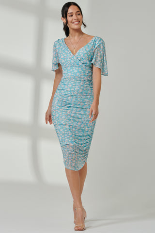 Wrap Front Mesh Bodycon Dress, Green Floral