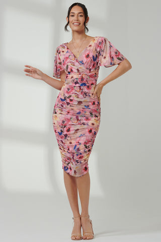 Wrap Front Mesh Bodycon Dress, Pink Floral