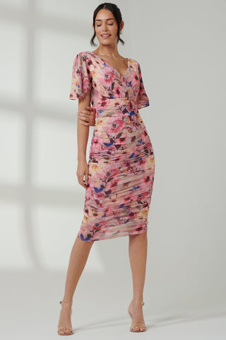 Wrap Front Mesh Bodycon Dress, Pink Floral