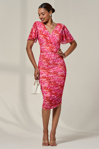 Wrap Front Mesh Bodycon Dress, Pink Abstract