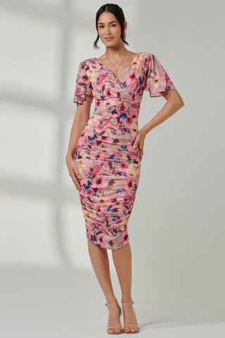 Wrap Front Mesh Bodycon Dress, Pink Floral