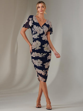 Angel Sleeve Ruched Bodycon Dress, Navy Floral