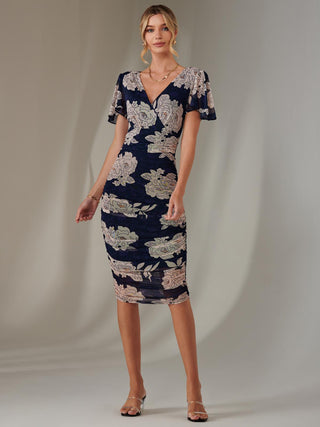 Angel Sleeve Ruched Bodycon Dress, Navy Floral Jolie Moi Retail Angel Sleeve Ruched Bodycon Dress, Navy Floral Jolie Moi Retail