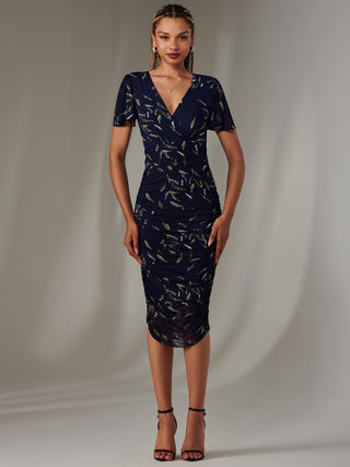 Angel Sleeve Ruched Bodycon Dress, Navy Leafy