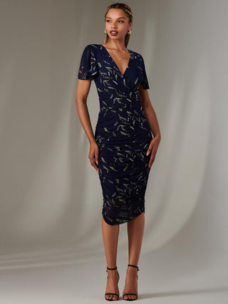 Angel Sleeve Ruched Bodycon Dress, Navy Leafy