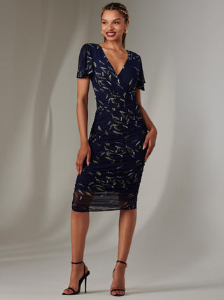 Angel Sleeve Ruched Bodycon Dress, Navy Leafy