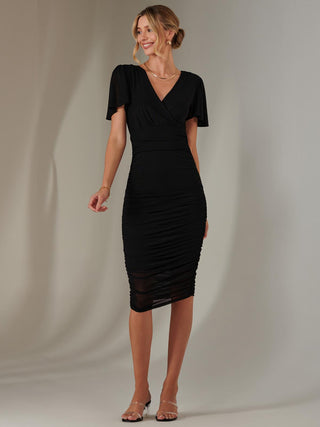 Plain Angel Sleeve Ruched Bodycon Dress, Black Jolie Moi Retail Plain Angel Sleeve Ruched Bodycon Dress, Black Jolie Moi Retail