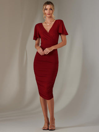 Plain Angel Sleeve Ruched Bodycon Dress, Dark Red