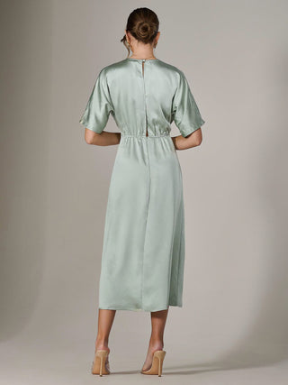 light green satin midi dress Sage Green Silk Slip Dress Midi Length, Open Back Cowl Neck Dress, Bridesmaid or Wedding Guest Dress, Bias Cut Spaghetti Straps