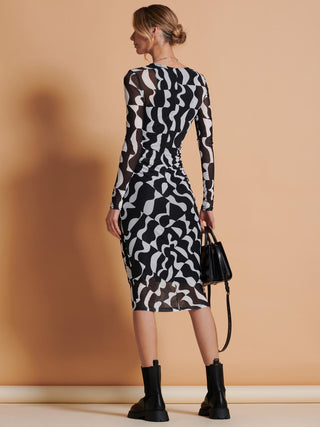 Print Long Sleeve Mesh Bodycon Dress, Black Pattern Jolie Moi Retail Print Long Sleeve Mesh Bodycon Dress, Black Pattern Jolie Moi Retail