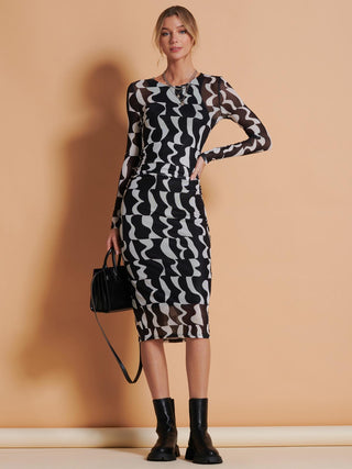 Print Long Sleeve Mesh Bodycon Dress, Black Pattern Jolie Moi Retail Print Long Sleeve Mesh Bodycon Dress, Black Pattern Jolie Moi Retail