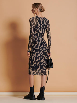 Print Long Sleeve Mesh Bodycon Dress, Brown Pattern Jolie Moi Retail Print Long Sleeve Mesh Bodycon Dress, Brown Pattern Jolie Moi Retail