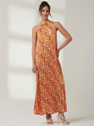 Halter Neck Pleated Maxi Dress, Orange Multi