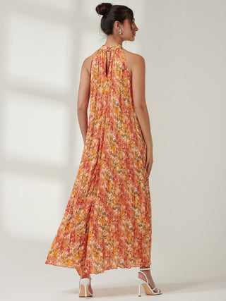 Halter Neck Pleated Maxi Dress, Orange Multi