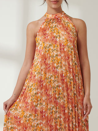 Halter Neck Pleated Maxi Dress, Orange Multi