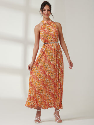 Halter Neck Pleated Maxi Dress, Orange Multi