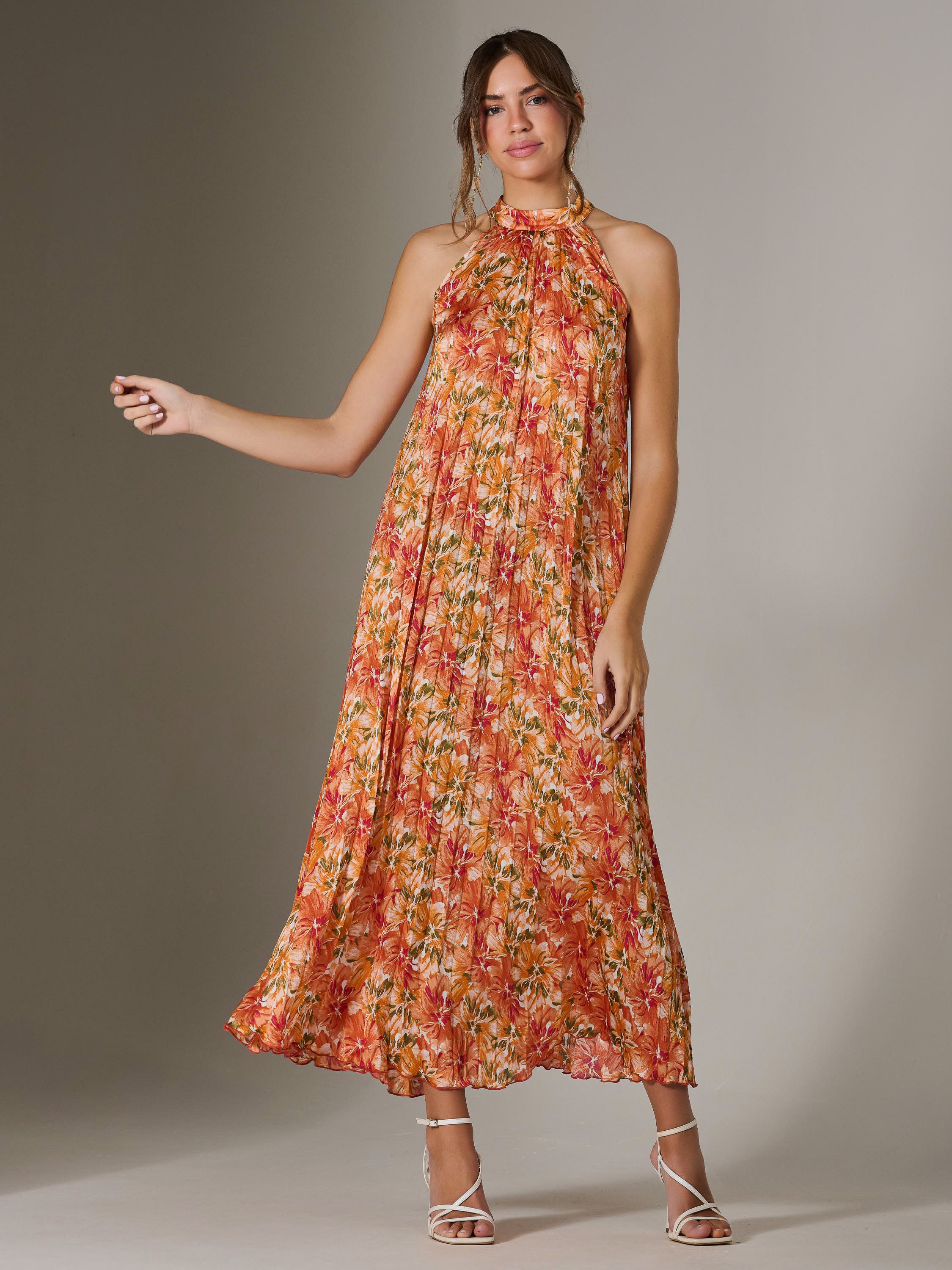 Halter Neck Pleated Maxi Dress, Orange Multi – Jolie Moi Retail