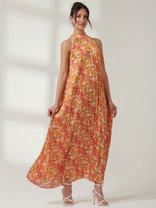 Halter Neck Pleated Maxi Dress, Orange Multi