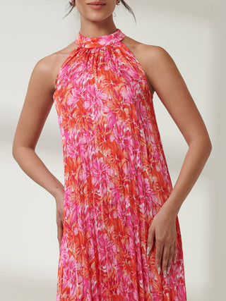 Halter Neck Pleated Maxi Dress, Pink Multi