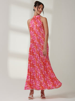 Halter Neck Pleated Maxi Dress, Pink Multi