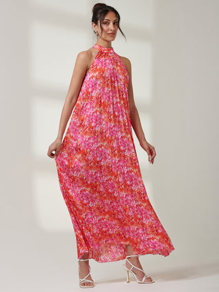 Halter Neck Pleated Maxi Dress, Pink Multi