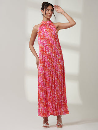 Halter Neck Pleated Maxi Dress, Pink Multi