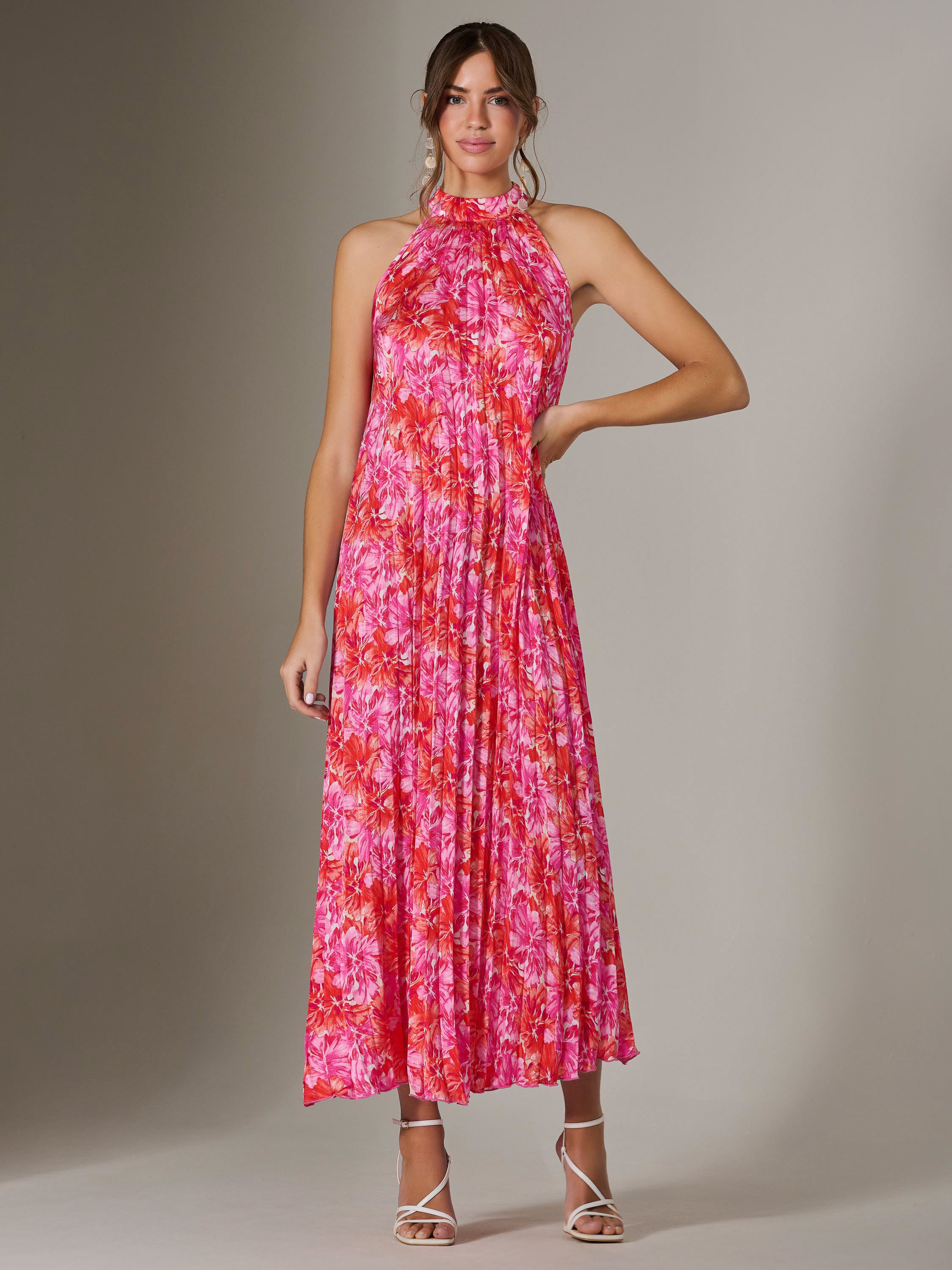 Halter Neck Pleated Maxi Dress, Pink Multi – Jolie Moi Retail