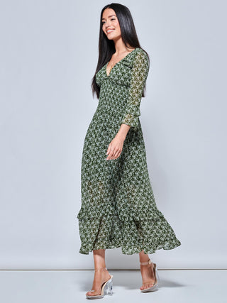 Qaiya Shirred Chiffon Maxi Dress, Green Floral