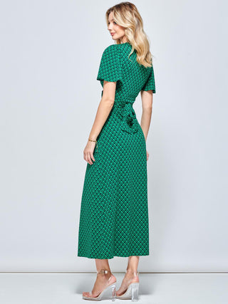 Plunge Neck Twist Front Maxi Dress, Green Geometric